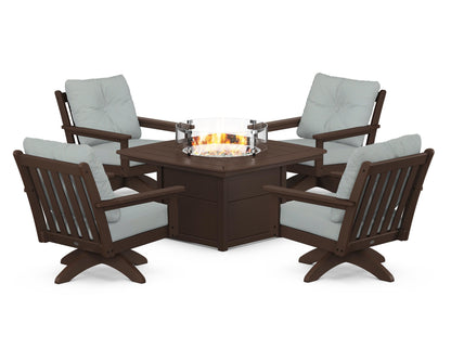 POLYWOOD® Vineyard 5-Piece Deep Seating Swivel Conversation Set with Fire Pit Table in Mahogany / Spa