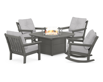 POLYWOOD® Vineyard 5-Piece Deep Seating Rocking Chair Conversation Set with Fire Pit Table in Slate Grey / Granite