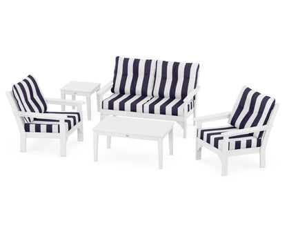 POLYWOOD® Vineyard 5-Piece Deep Seating Set in White / Cabana Stripe Navy