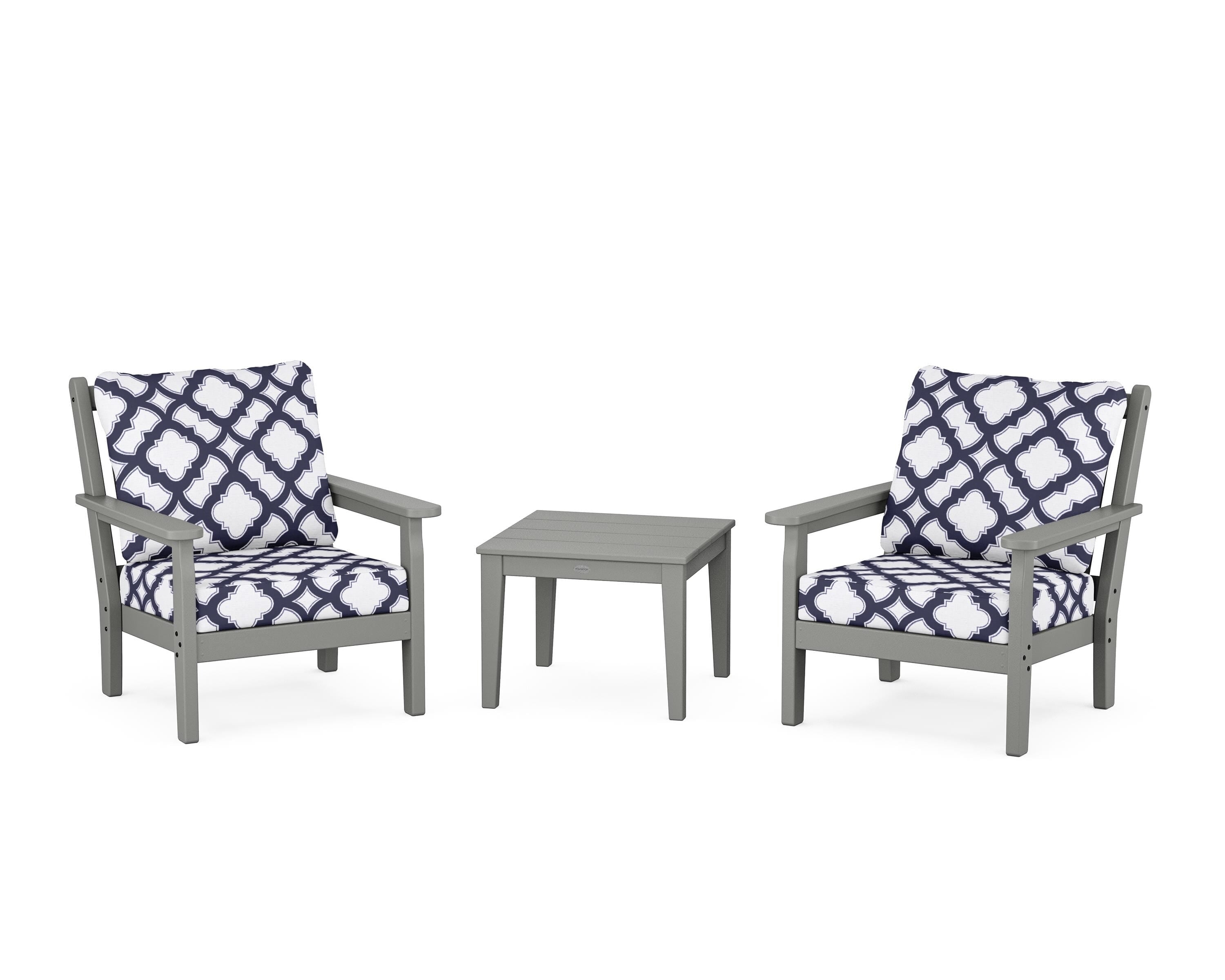 POLYWOOD® Chippendale 3-Piece Deep Seating Set in Slate Grey / Trellis Navy