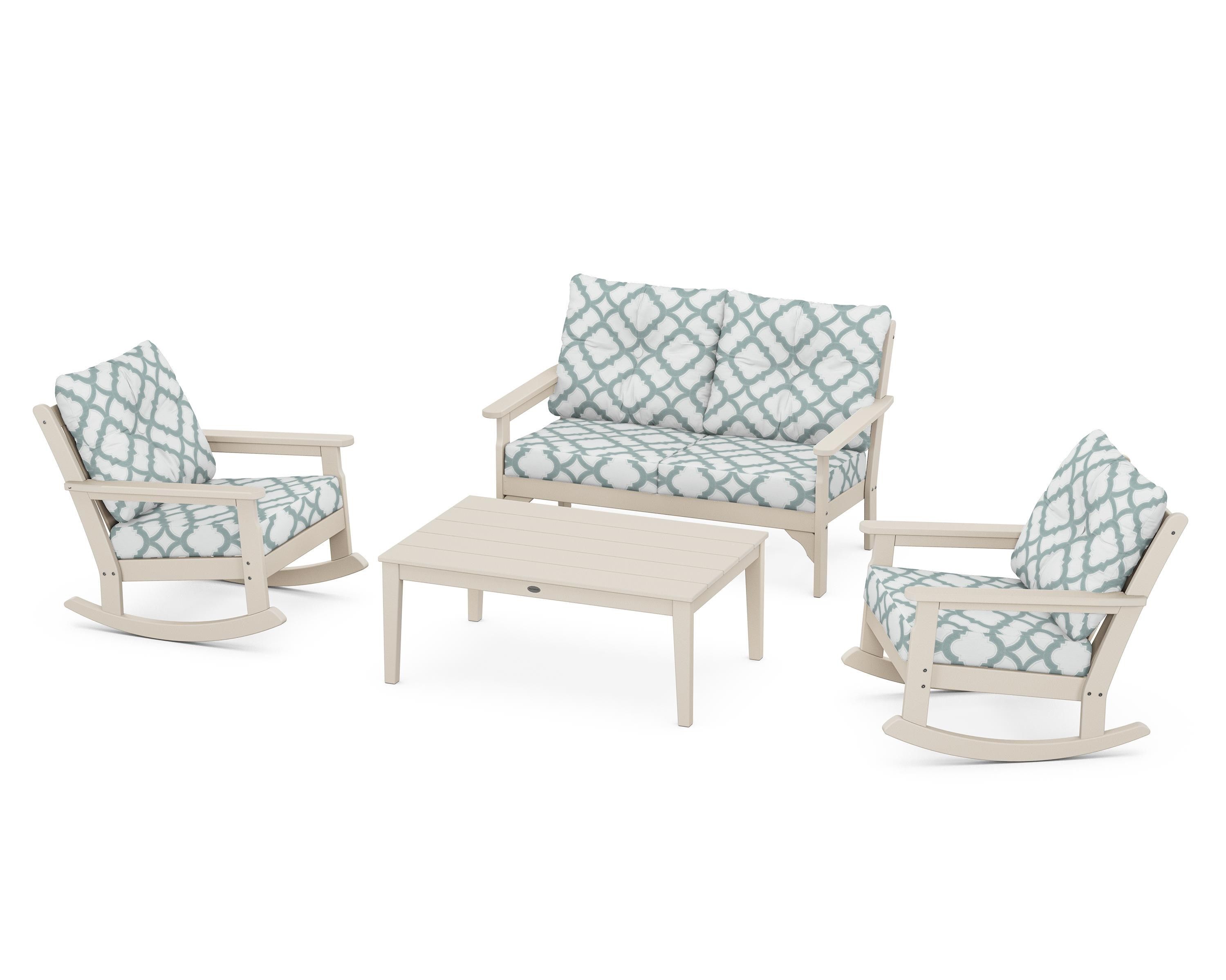POLYWOOD® Vineyard 4-Piece Deep Seating Rocking Chair Set in Sand / Trellis Glacier Spa