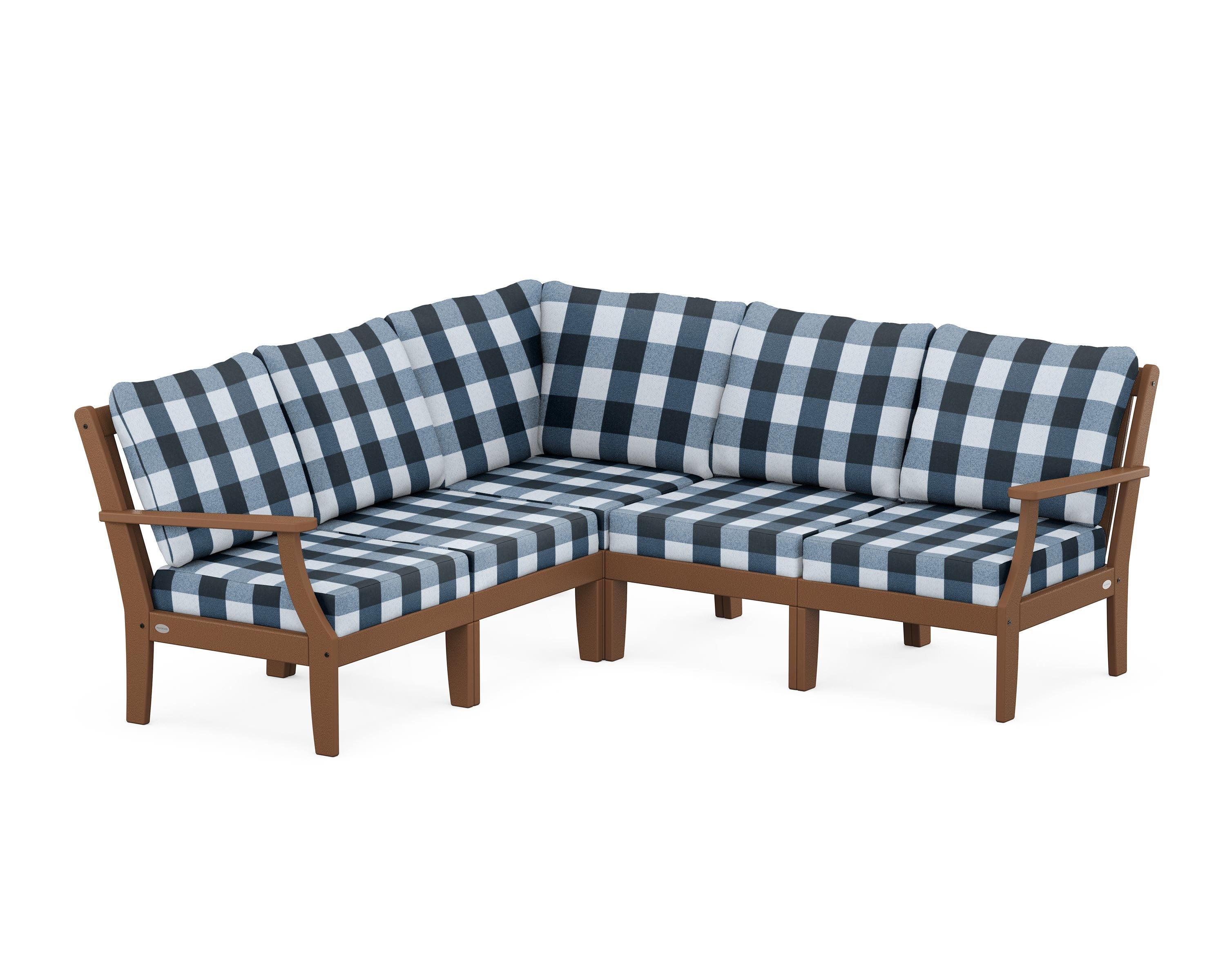 POLYWOOD® Braxton Modular 5-Piece Deep Seating Set in Teak / Buffalo Plaid Marine Indigo
