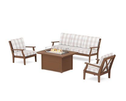 POLYWOOD® Braxton Deep Seating Fire Pit Table Set in Teak / Buffalo Plaid Dune Burlap