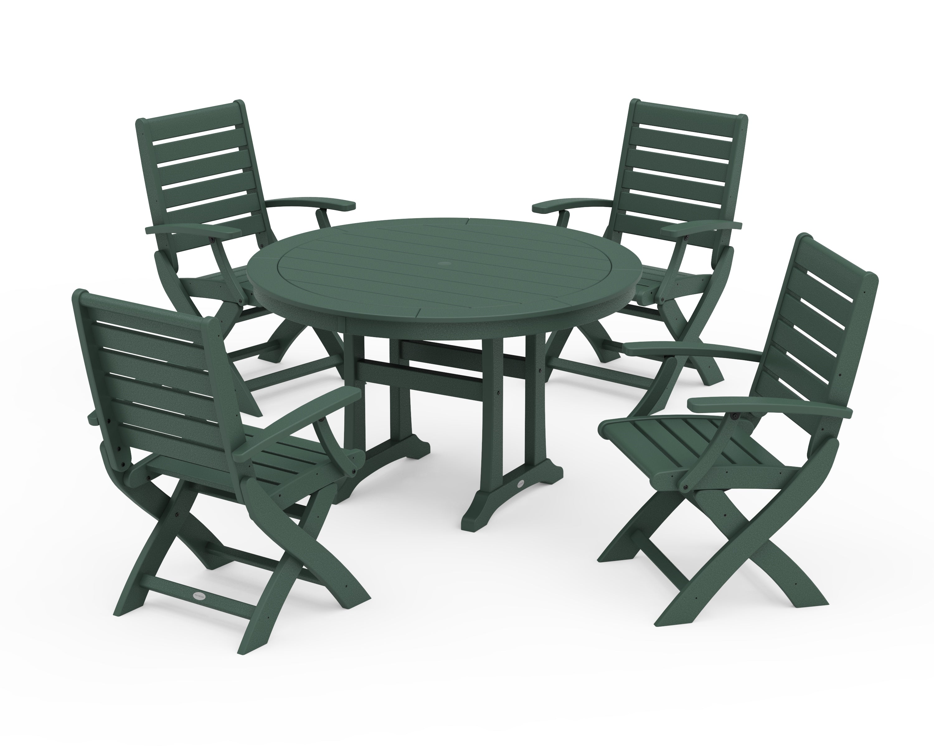 POLYWOOD® Signature Folding Chair 5-Piece Round Dining Set with Trestle Legs in Green