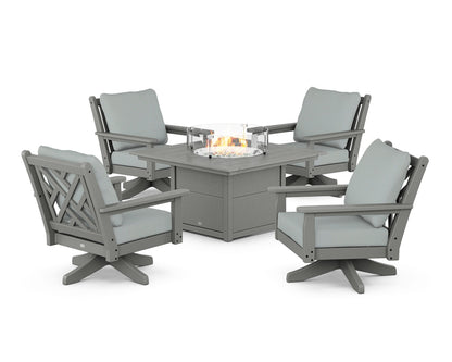 POLYWOOD® Chippendale 5-Piece Deep Seating Swivel Conversation Set with Fire Pit Table in Slate Grey / Spa
