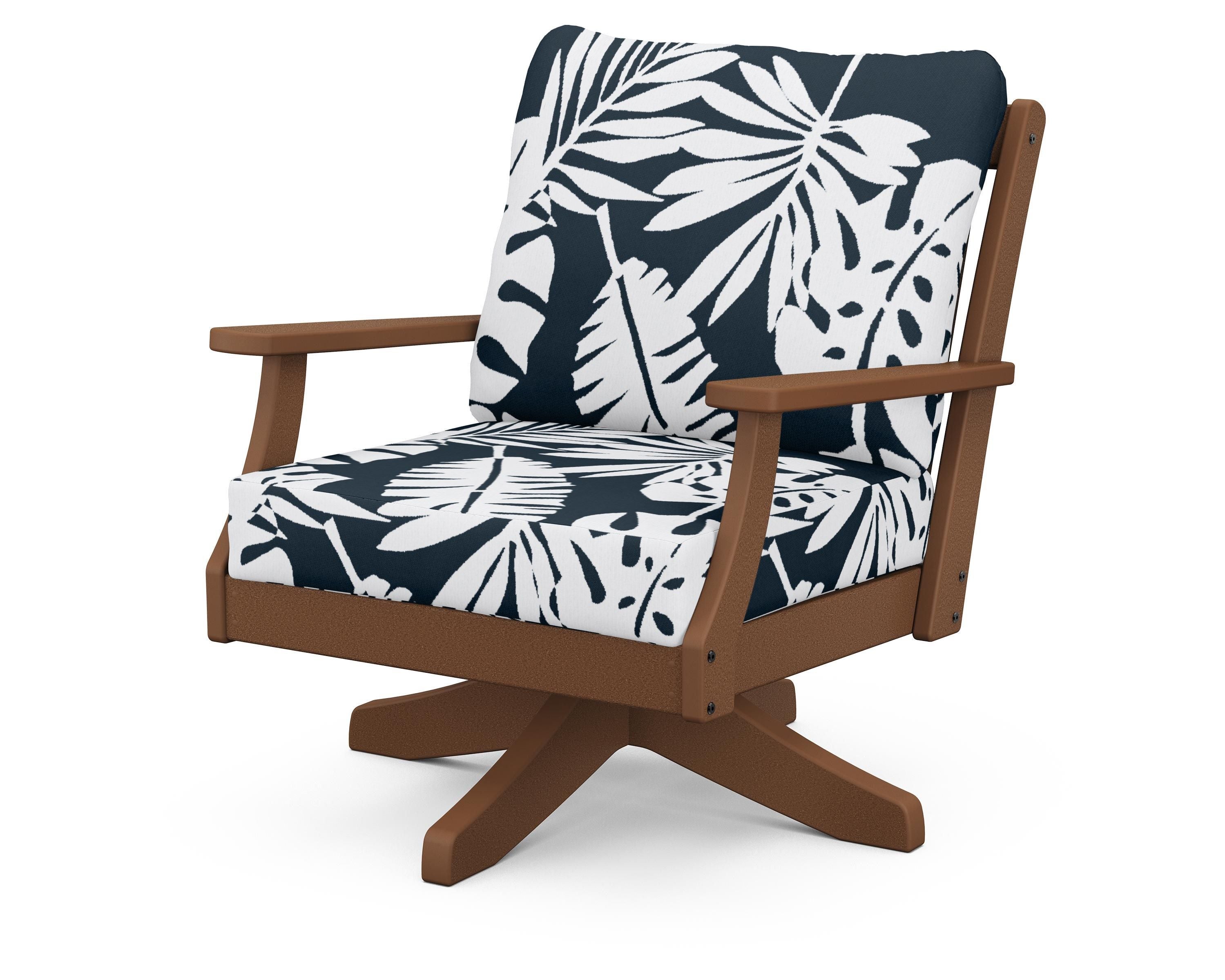 POLYWOOD® Braxton Deep Seating Swivel Chair in Teak / Leaf Marine Indigo