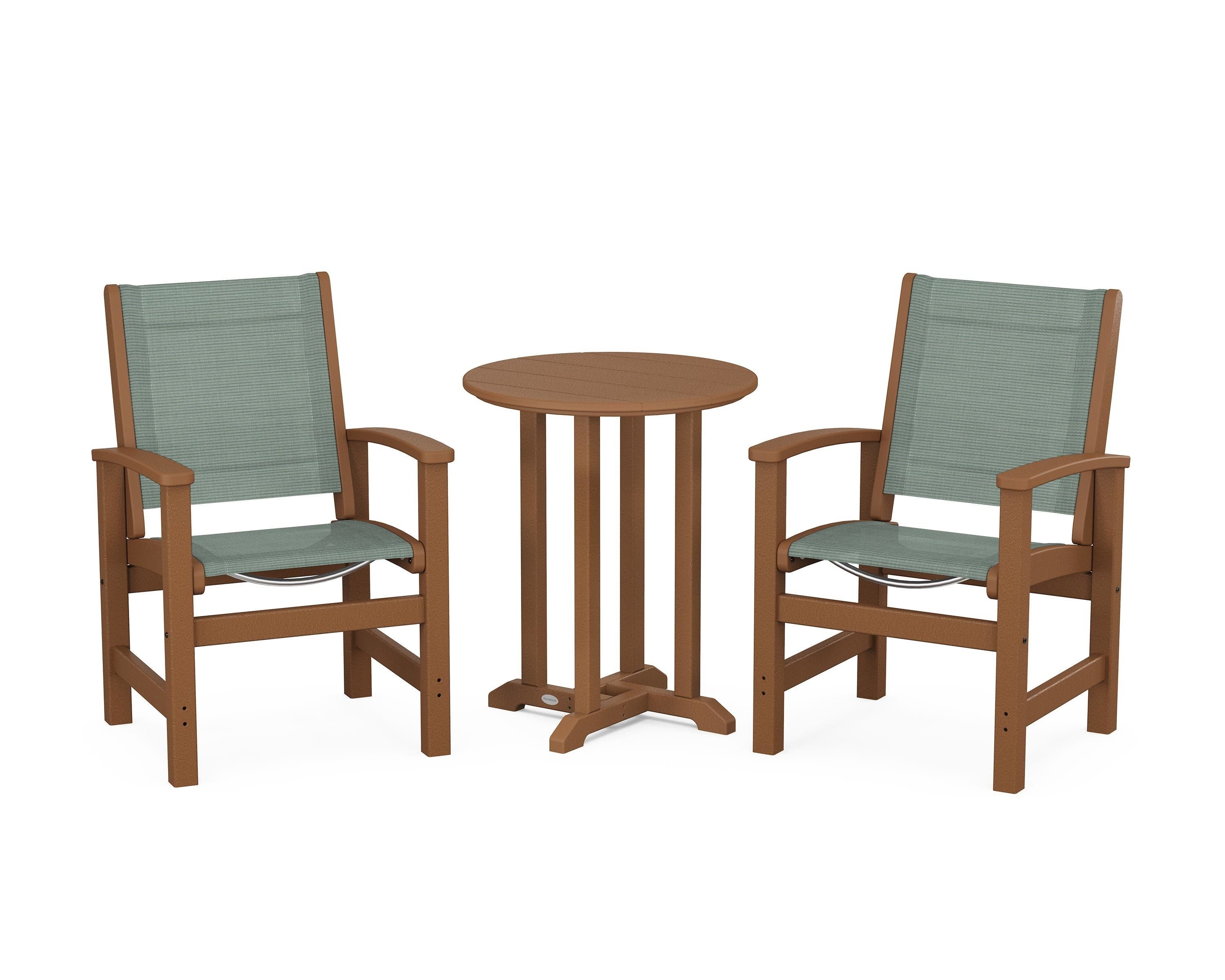 POLYWOOD® Coastal 3-Piece Round Bistro Dining Set in Teak / Dupioni Sea Mist Sling