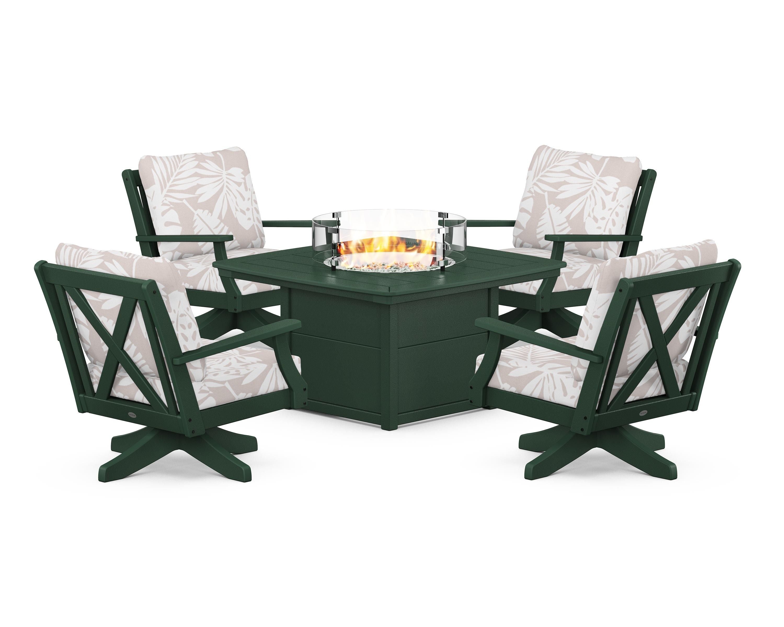 POLYWOOD® Braxton 5-Piece Deep Seating Swivel Conversation Set with Fire Pit Table in Green / Leaf Dune Burlap