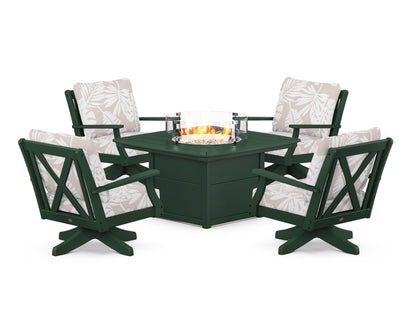 POLYWOOD® Braxton 5-Piece Deep Seating Swivel Conversation Set with Fire Pit Table in Green / Leaf Dune Burlap
