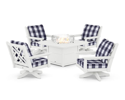 POLYWOOD® Chippendale 5-Piece Deep Seating Swivel Conversation Set with Fire Pit Table in White / Buffalo Plaid Navy