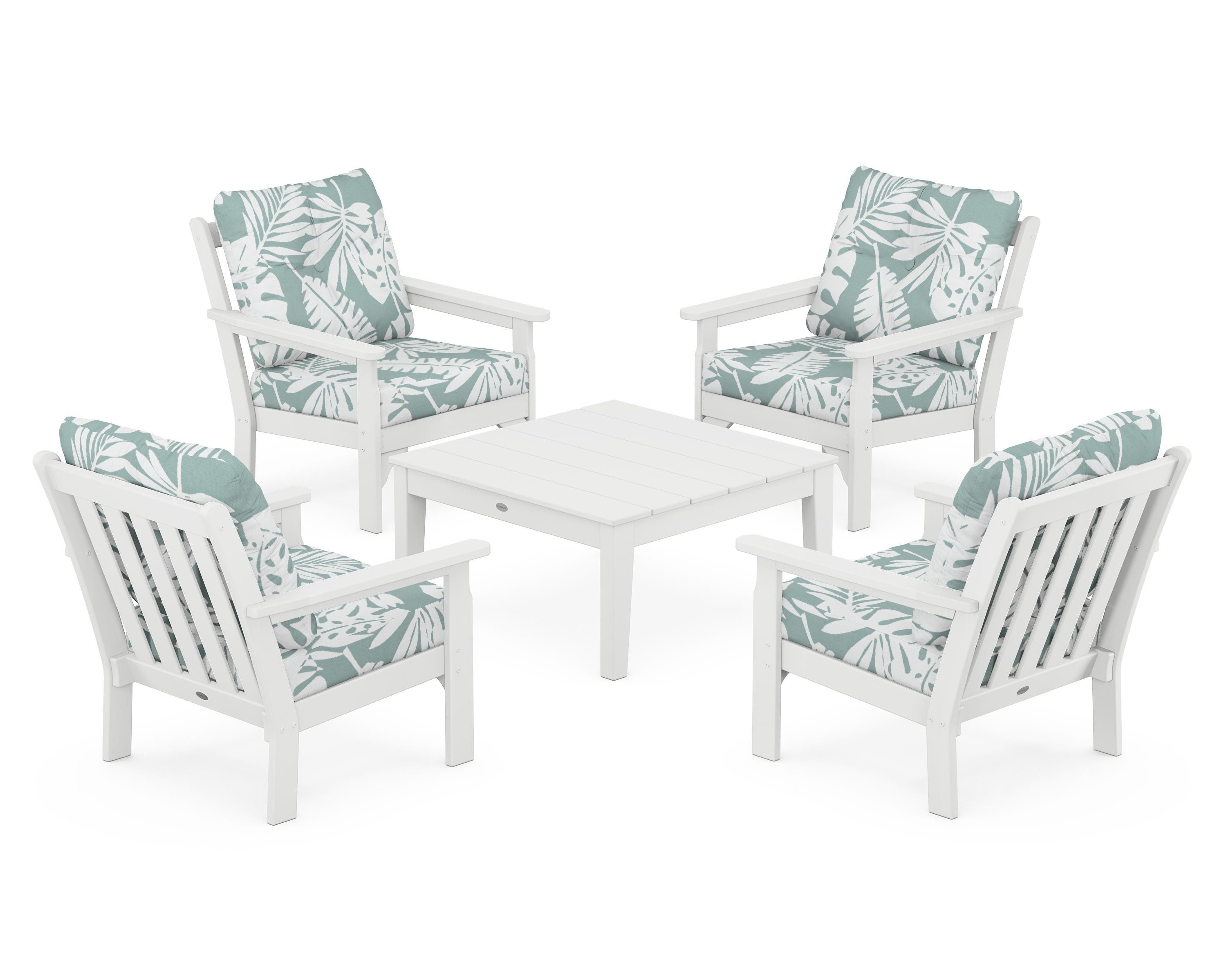 POLYWOOD® Vineyard 5-Piece Deep Seating Conversation Set in White / Leaf Glacier Spa