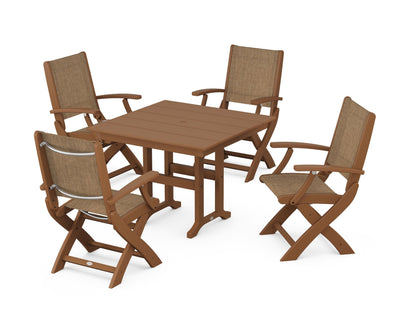 POLYWOOD® Coastal Folding Chair 5-Piece Farmhouse Dining Set in Teak / Burlap Sling