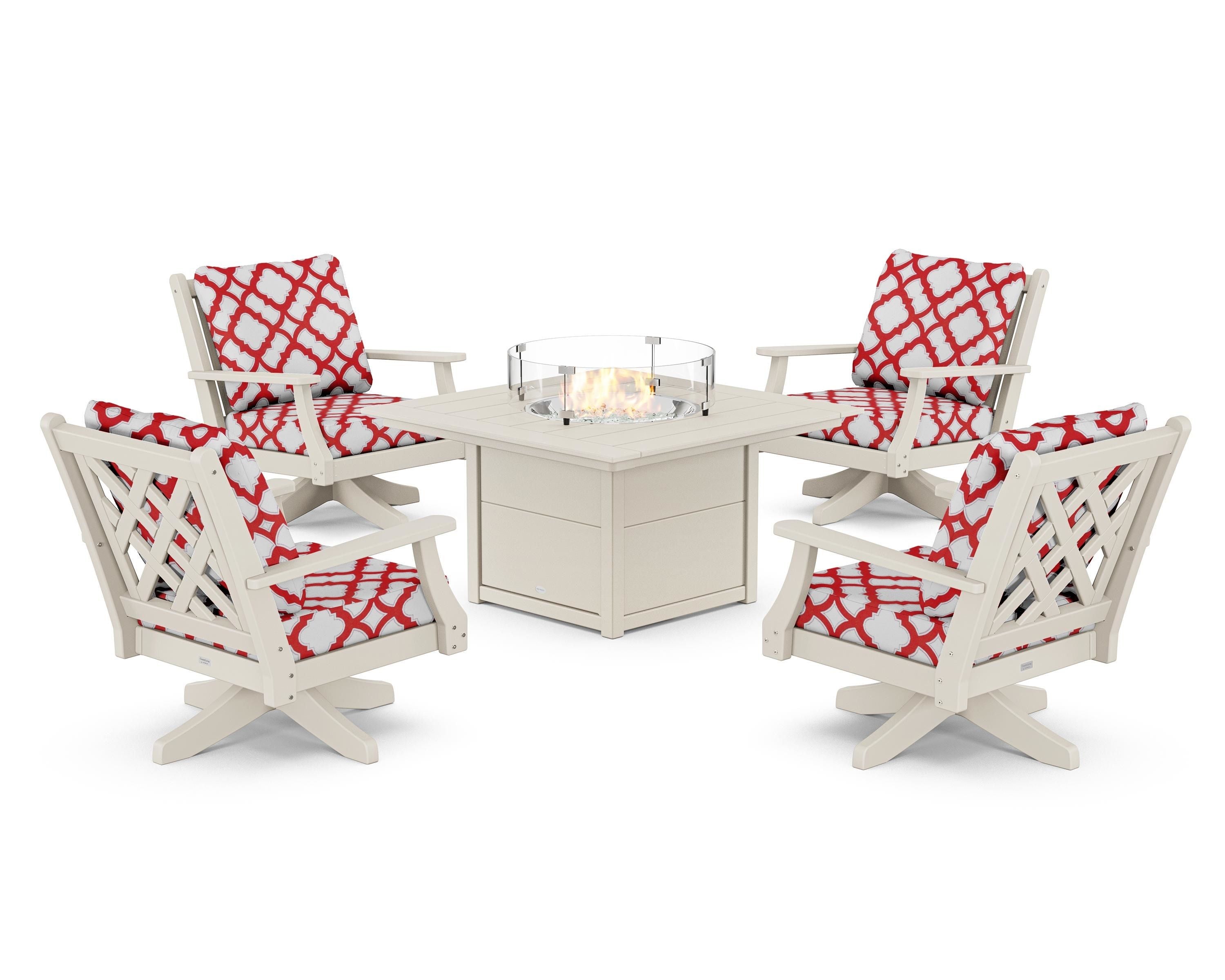 Country Living Wovendale 5-Piece Deep Seating Swivel Conversation Set with Fire Pit Table in Sand / Trellis Crimson