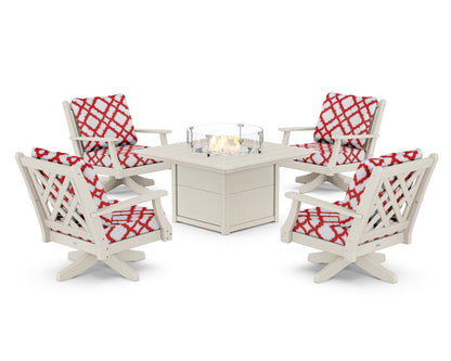 Country Living Wovendale 5-Piece Deep Seating Swivel Conversation Set with Fire Pit Table in Sand / Trellis Crimson