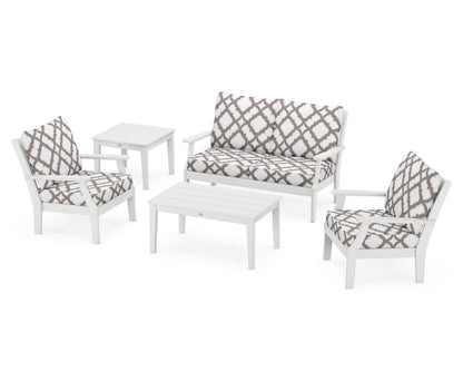 POLYWOOD® Braxton 5-Piece Deep Seating Set in White / Trellis Grey Mist