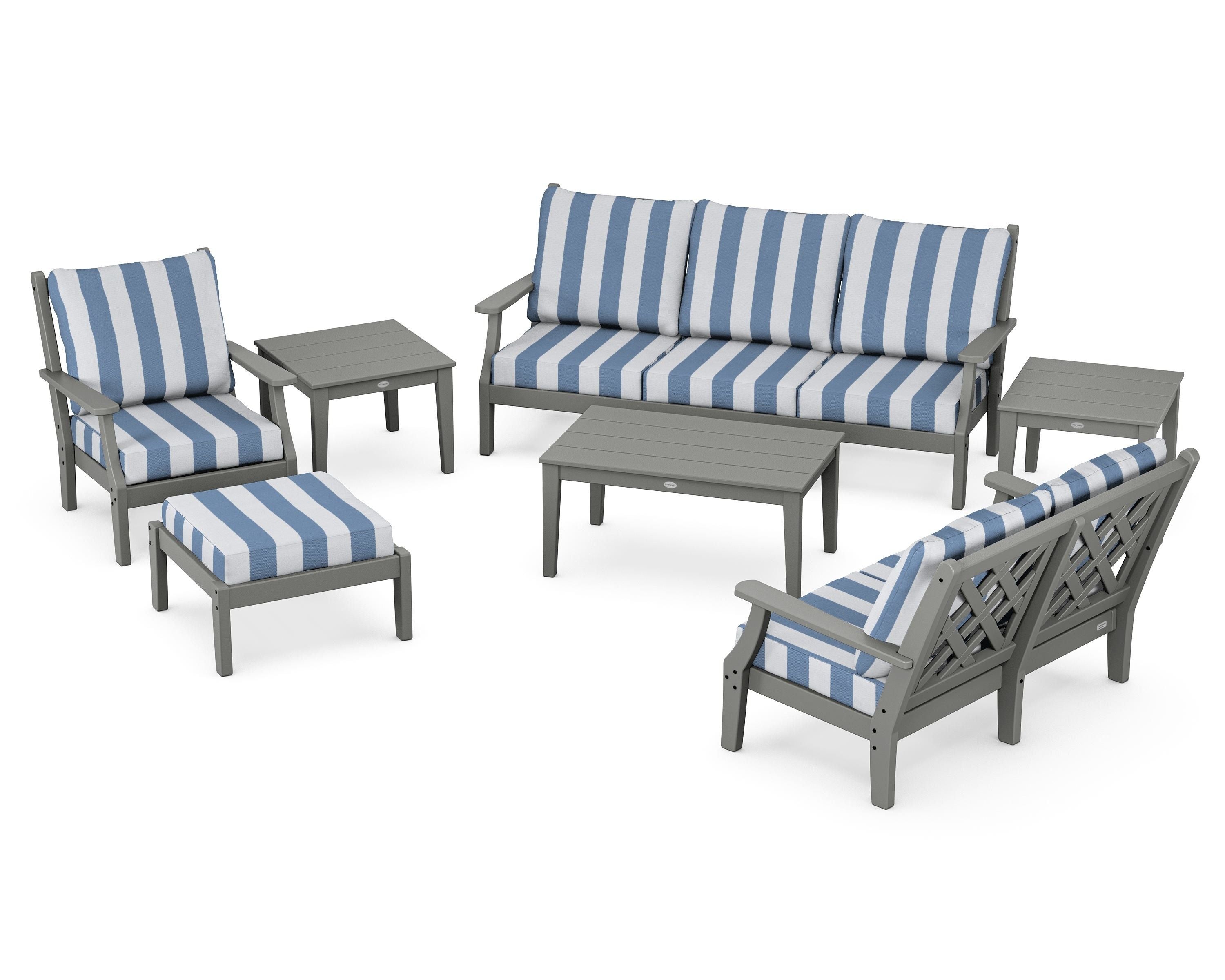 Country Living Wovendale 7-Piece Deep Seating Set in Slate Grey / Cabana Stripe Sky Blue