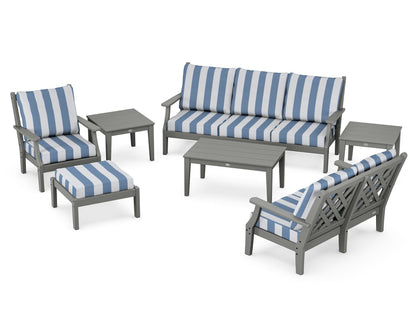 Country Living Wovendale 7-Piece Deep Seating Set in Slate Grey / Cabana Stripe Sky Blue