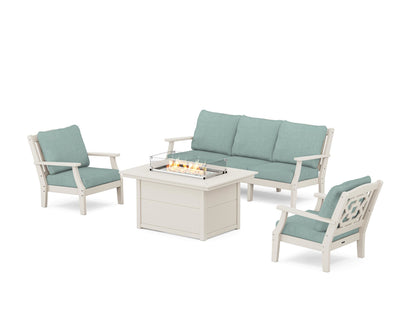 Martha Stewart by POLYWOOD® Chinoiserie Deep Seating Fire Pit Table Set in Sand / Glacier Spa