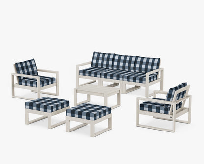 POLYWOOD® EDGE Sectional 8-Piece Lounge Sofa Set in Sand / Buffalo Plaid Marine Indigo