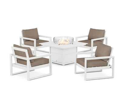 POLYWOOD® EDGE Sectional 5-Piece Deep Seating Set with Fire Pit Table in White / Spiced Burlap