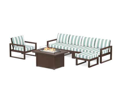 POLYWOOD® EDGE Sectional Lounge and Fire Pit Set in Mahogany / Cabana Stripe Glacier Spa
