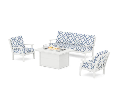POLYWOOD® Braxton Deep Seating Fire Pit Table Set in White / Trellis Sky Blue