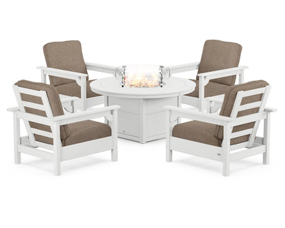 POLYWOOD® Club 5-Piece Conversation Set with Fire Pit Table in White / Spiced Burlap