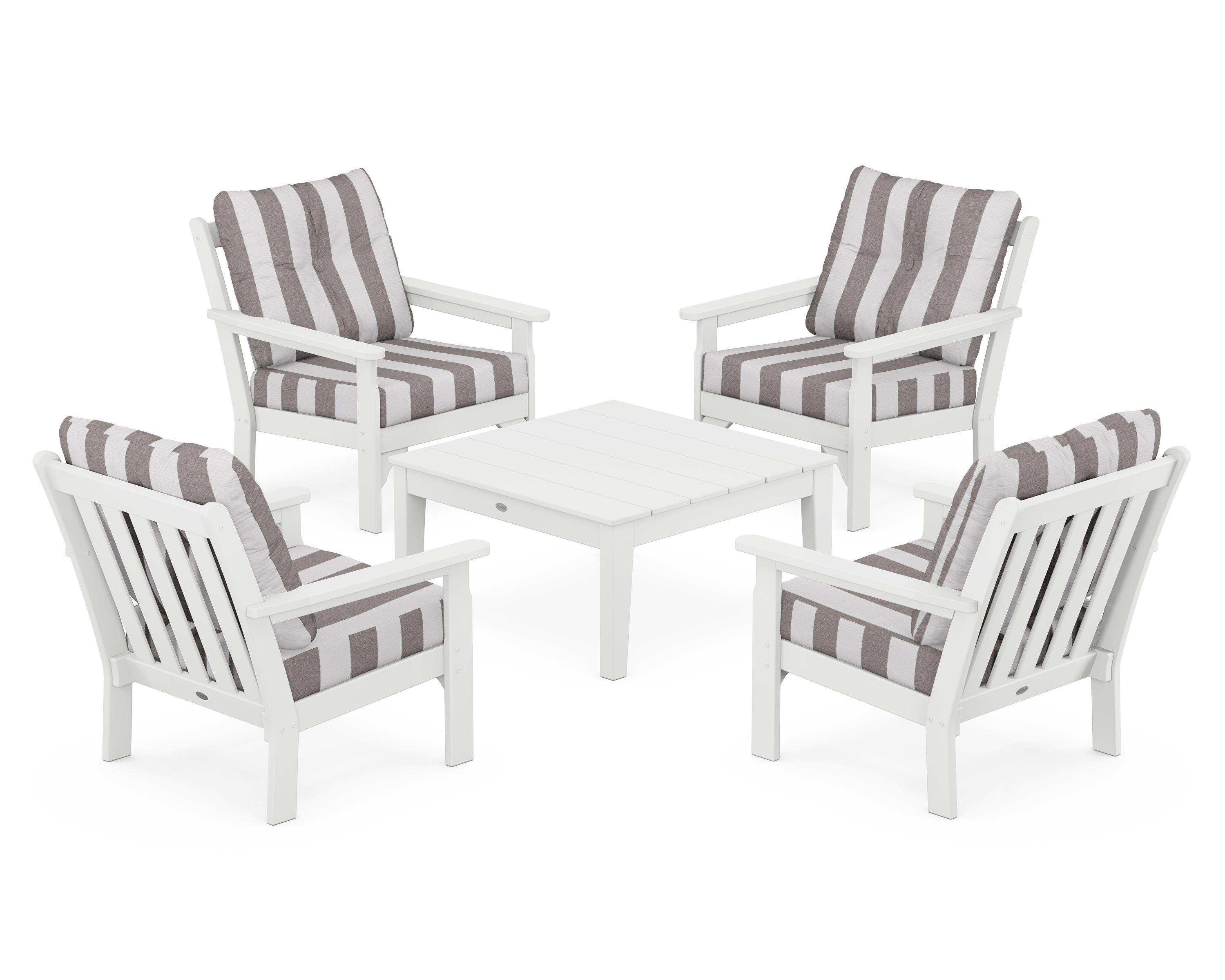 POLYWOOD® Vineyard 5-Piece Deep Seating Conversation Set in White / Cabana Stripe Grey Mist