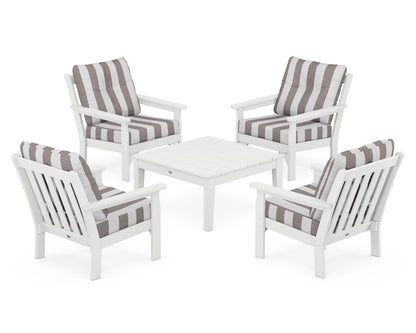 POLYWOOD® Vineyard 5-Piece Deep Seating Conversation Set in White / Cabana Stripe Grey Mist