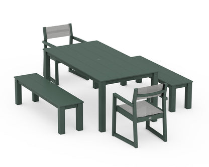 POLYWOOD® EDGE Sling Arm Chair 5-Piece Parsons Dining Set with Benches in Green / Metallic Sling