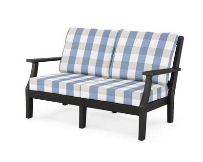 Martha Stewart by POLYWOOD® Chinoiserie Deep Seating Loveseat in Black / Buffalo Plaid Sky Blue