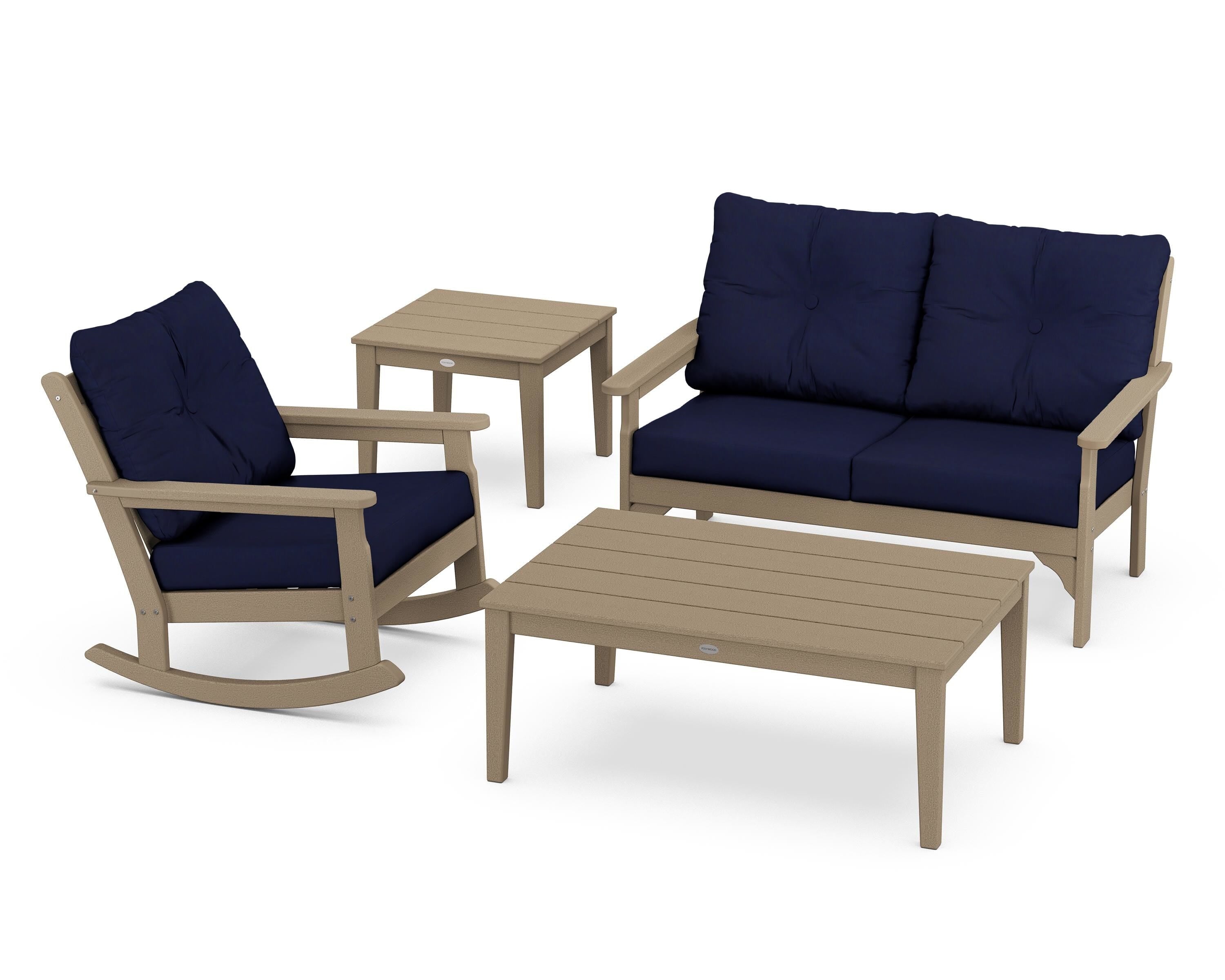 POLYWOOD® Vineyard 4-Piece Deep Seating Rocker Set in Vintage Sahara / Navy
