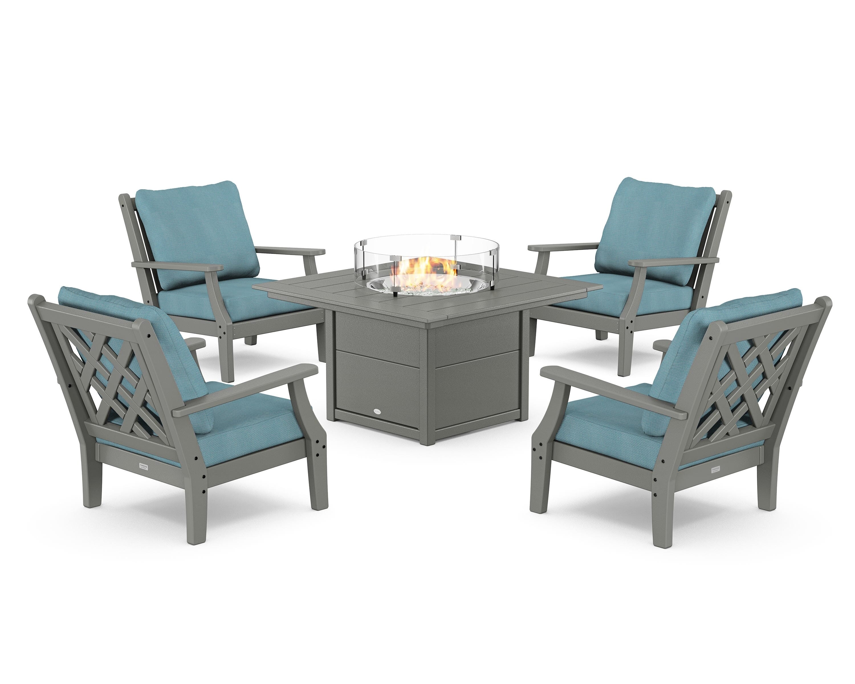 Country Living Wovendale 5-Piece Deep Seating Set with Fire Pit Table in Slate Grey / Lattice Sky Blue