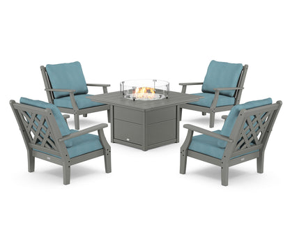 Country Living Wovendale 5-Piece Deep Seating Set with Fire Pit Table in Slate Grey / Lattice Sky Blue
