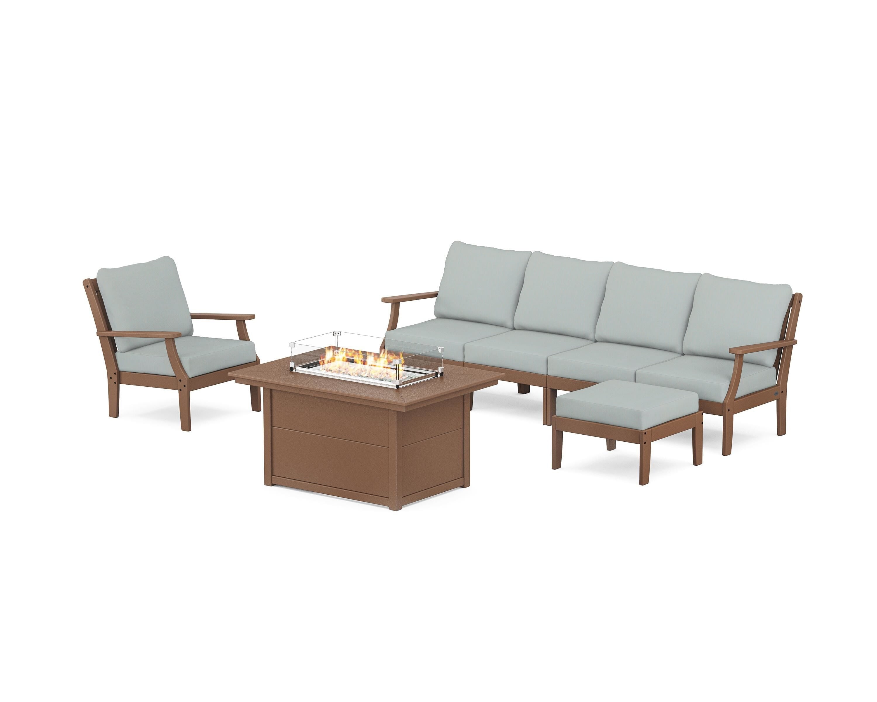POLYWOOD® Braxton Sectional Lounge and Fire Pit Set in Teak / Spa