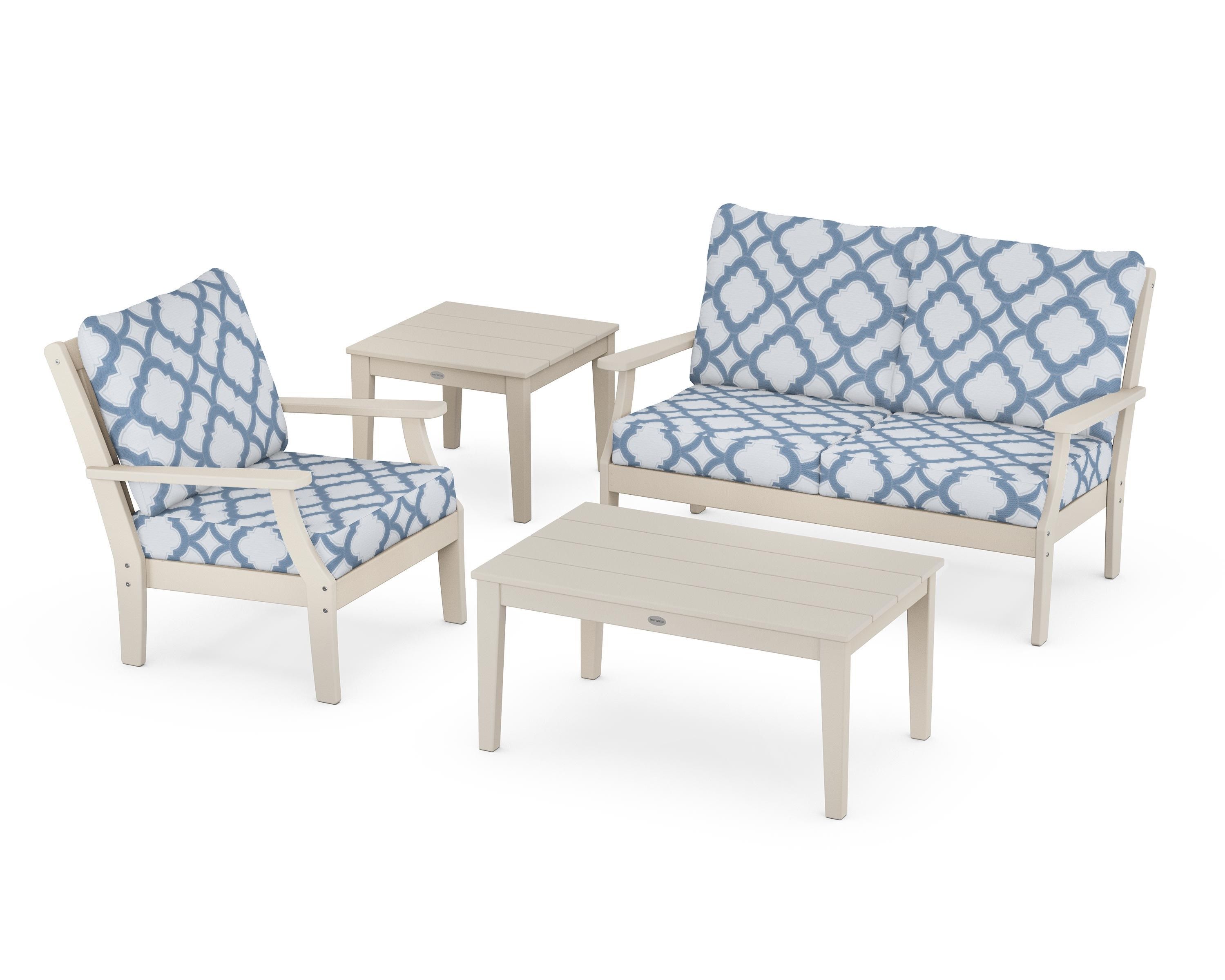 POLYWOOD® Braxton 4-Piece Deep Seating Set in Sand / Trellis Sky Blue