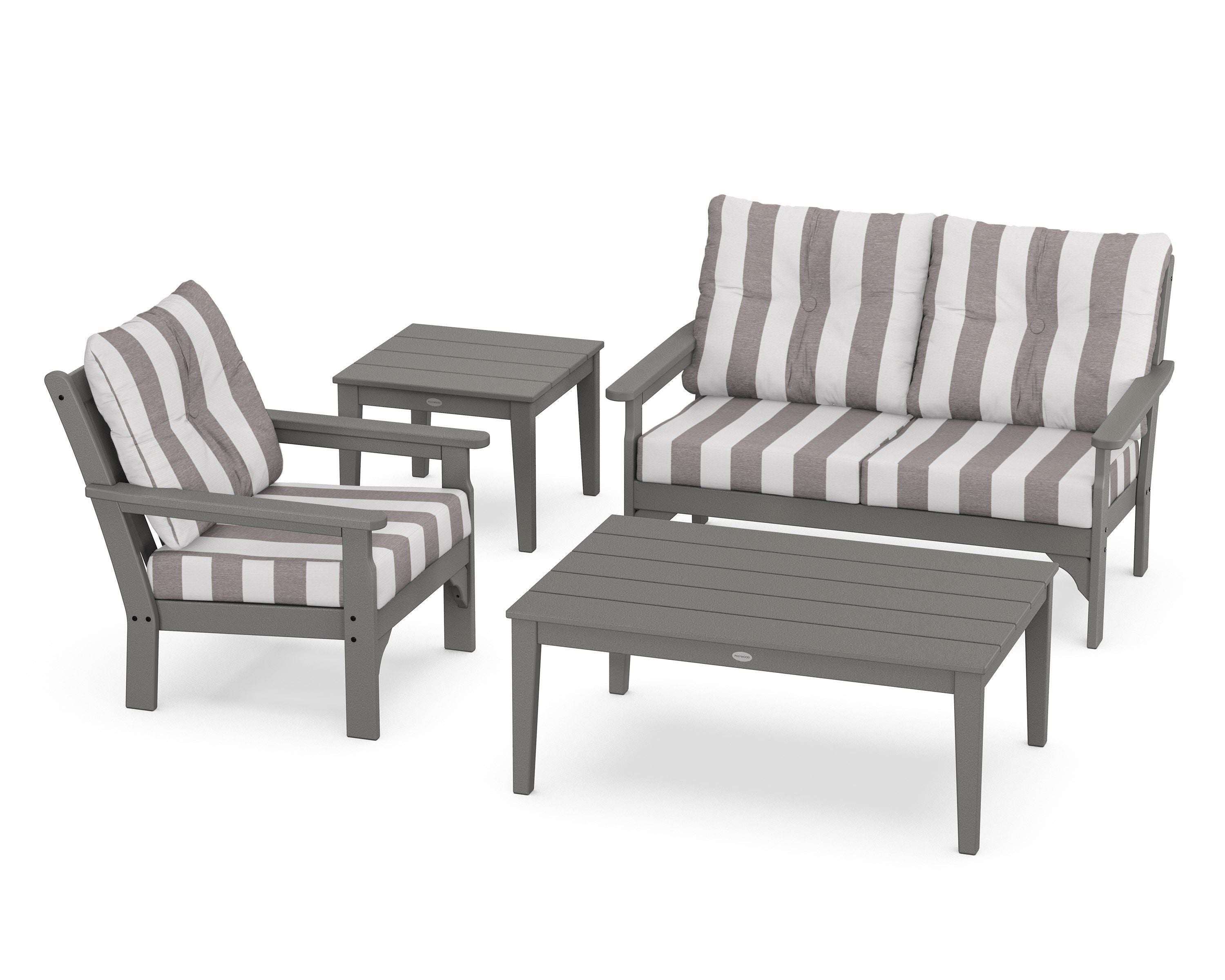 POLYWOOD® Vineyard 4-Piece Deep Seating Set in Slate Grey / Cabana Stripe Grey Mist