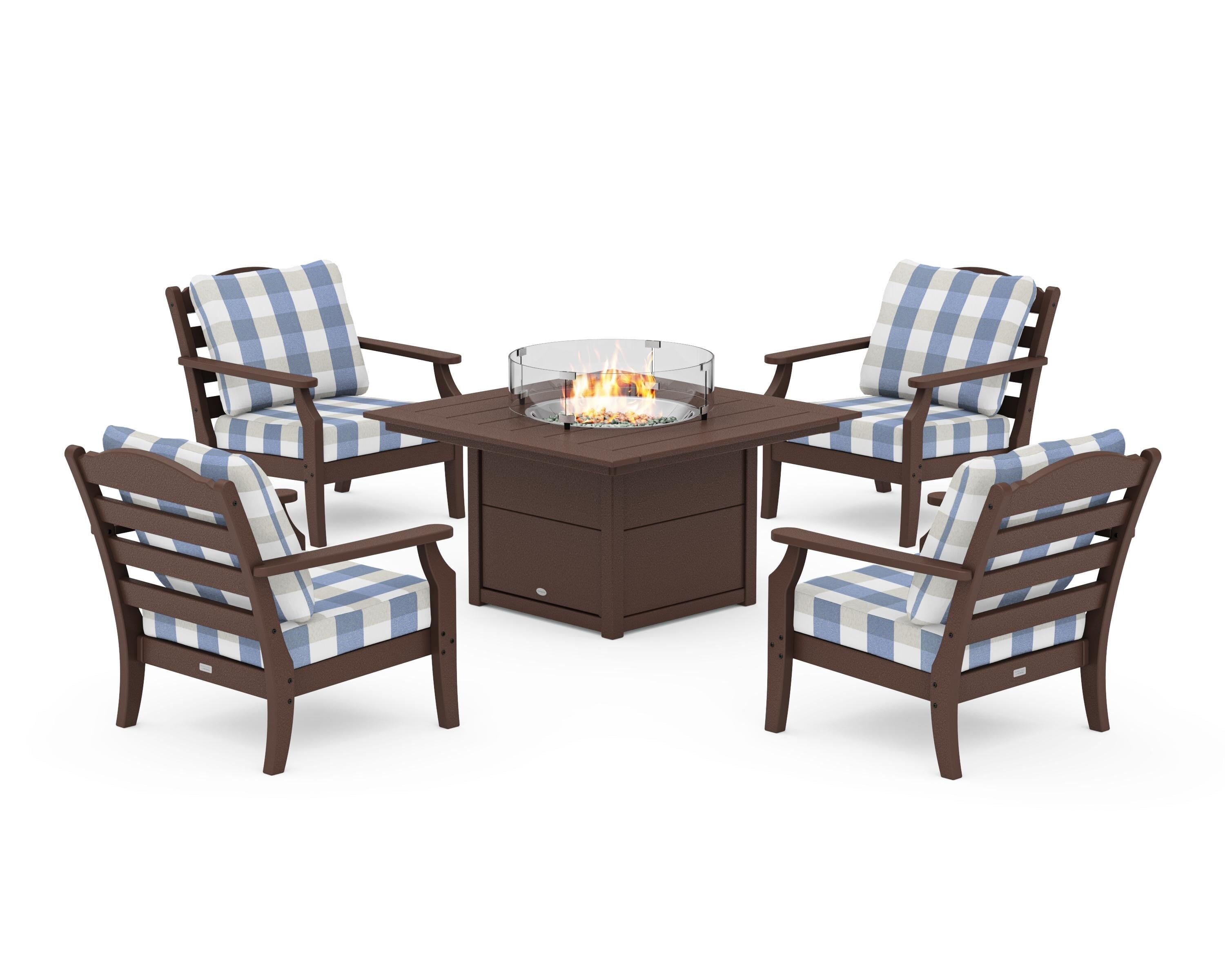 Draper James™ by  POLYWOOD® Savannah 5-Piece Deep Seating Set with Fire Pit Table in Mahogany / Buffalo Plaid Sky Blue