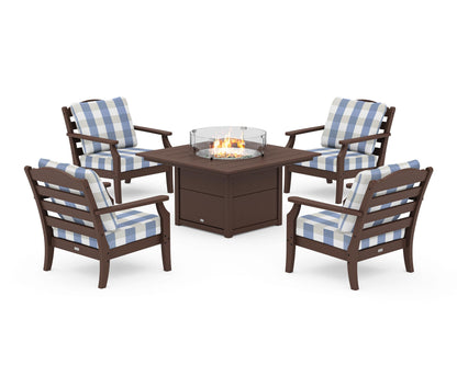 Draper James™ by  POLYWOOD® Savannah 5-Piece Deep Seating Set with Fire Pit Table in Mahogany / Buffalo Plaid Sky Blue