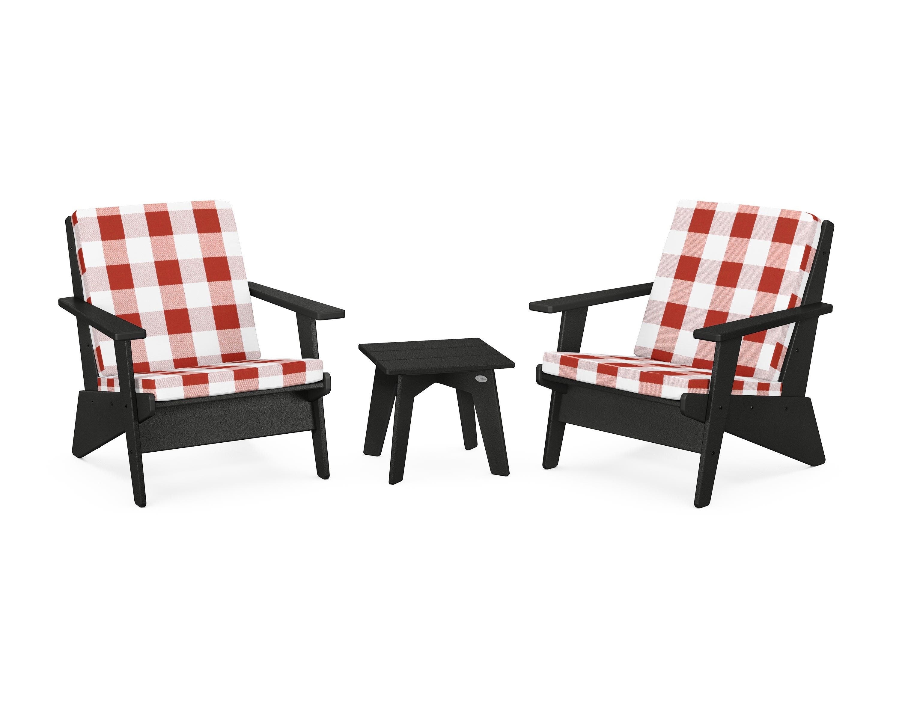 POLYWOOD® Riviera Modern Lounge 3-Piece Set in Black / Buffalo Plaid Crimson
