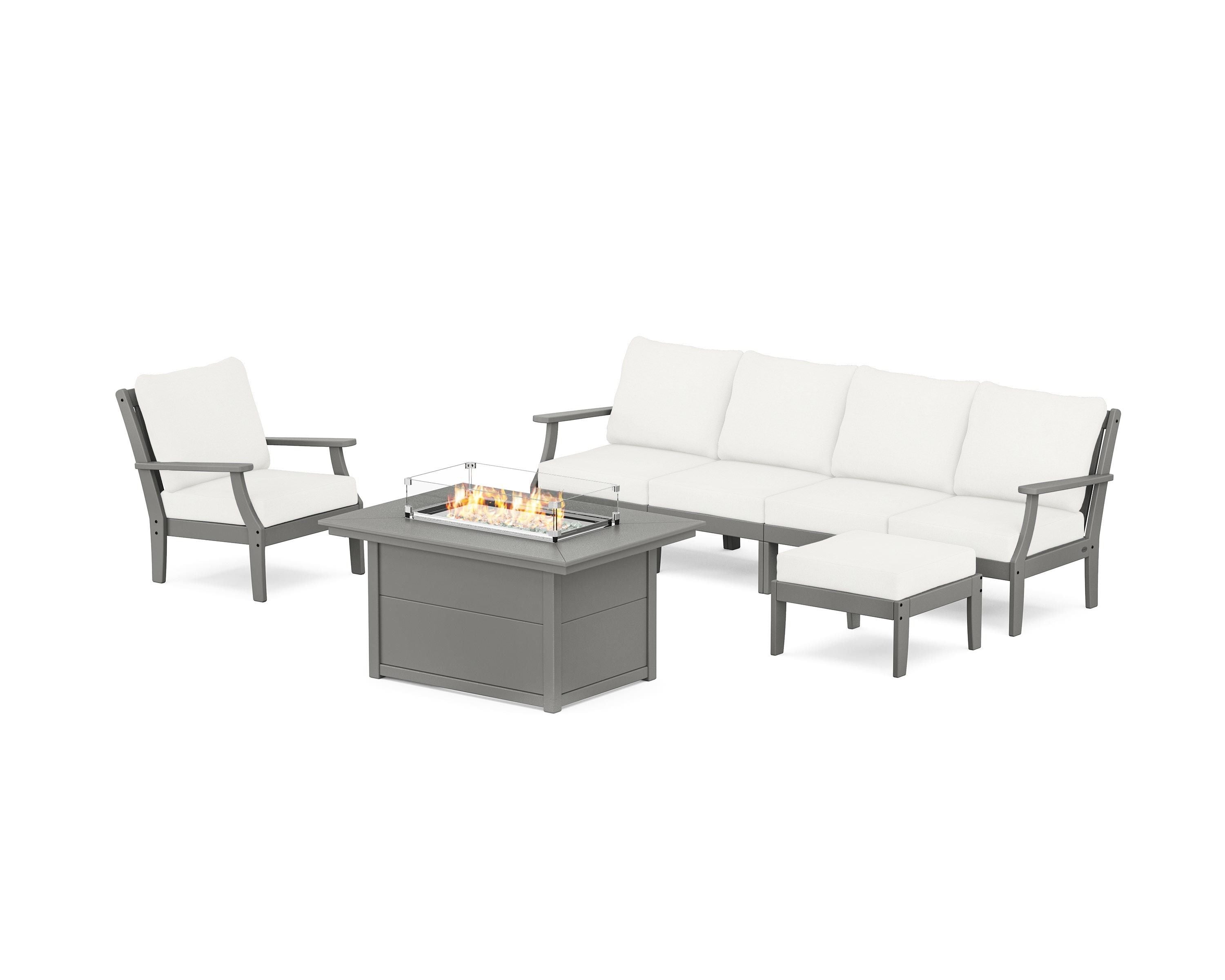 POLYWOOD® Braxton Sectional Lounge and Fire Pit Set in Slate Grey / Natural Linen
