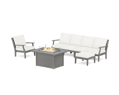 POLYWOOD® Braxton Sectional Lounge and Fire Pit Set in Slate Grey / Natural Linen