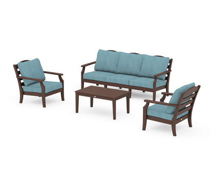 Draper James™ by  POLYWOOD® Savannah 4-Piece Deep Seating Set with Sofa in Mahogany / Lattice Sky Blue
