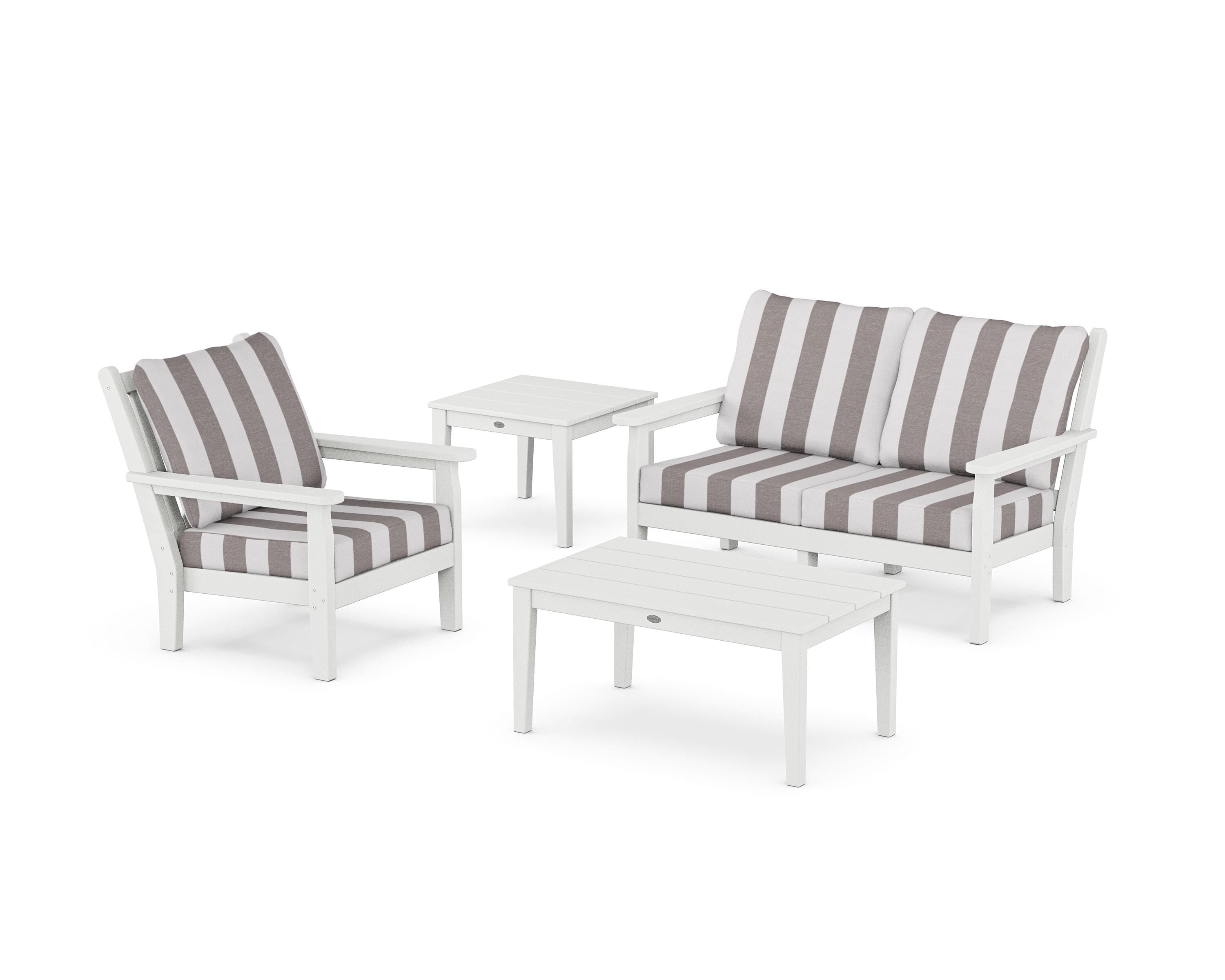 POLYWOOD® Chippendale 4-Piece Deep Seating Set in White / Cabana Stripe Grey Mist