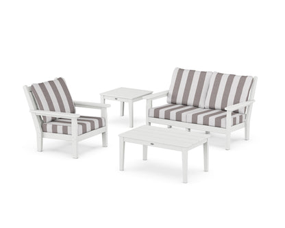 POLYWOOD® Chippendale 4-Piece Deep Seating Set in White / Cabana Stripe Grey Mist