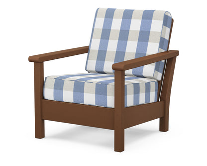 POLYWOOD® Harbour Deep Seating Chair in Teak / Buffalo Plaid Sky Blue