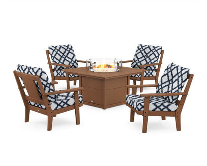 POLYWOOD® Prairie 5-Piece Deep Seating Set with Fire Pit Table in Teak / Trellis Marine Indigo