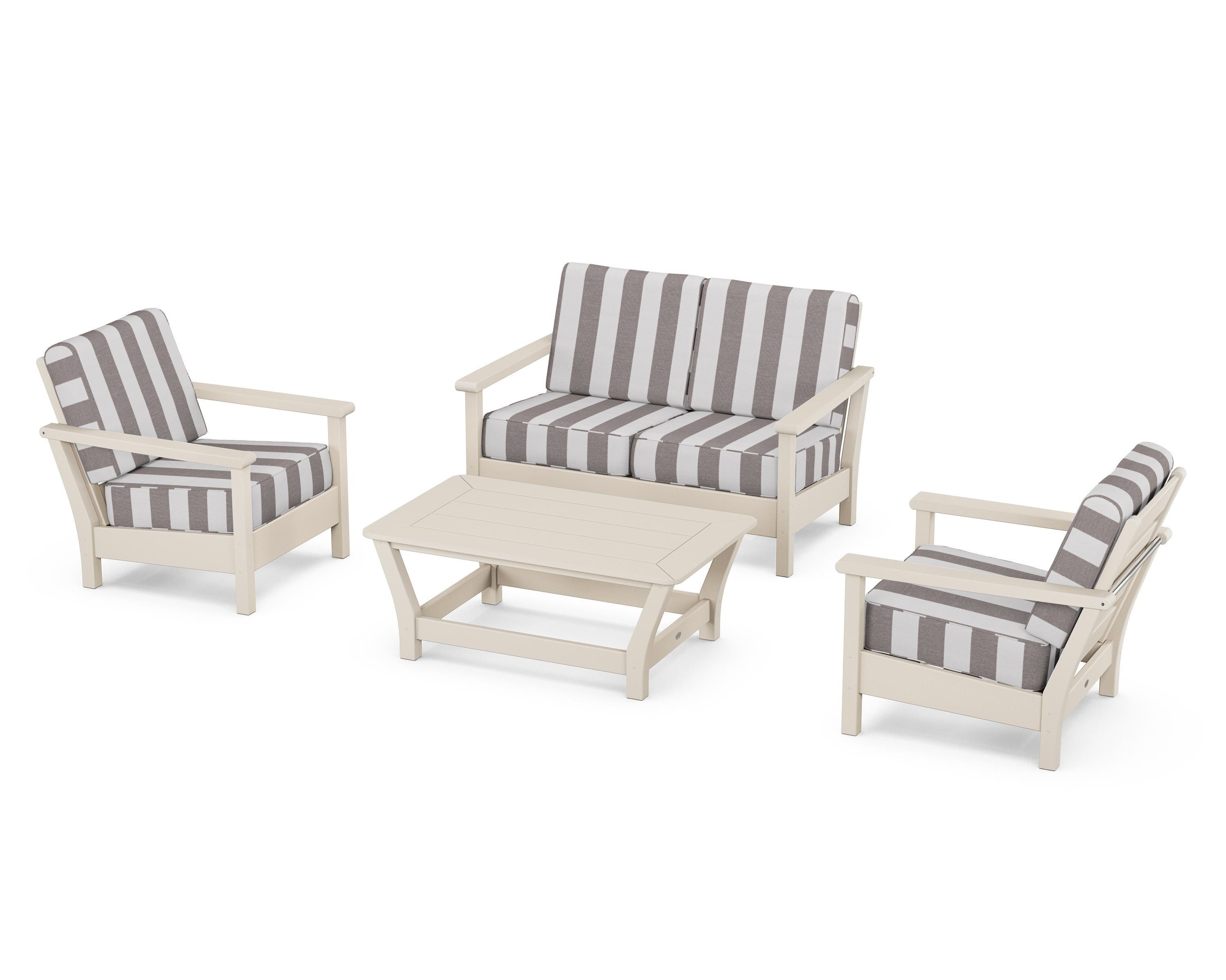 POLYWOOD® Harbour 4-Piece Deep Seating Set in Sand / Cabana Stripe Grey Mist