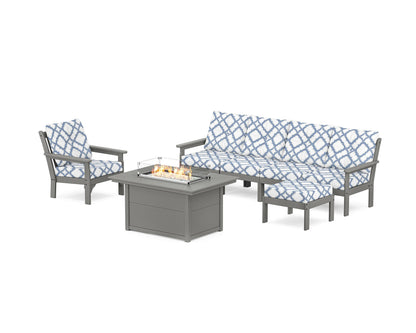 POLYWOOD® Vineyard Sectional Lounge and Fire Pit Set in Slate Grey / Trellis Sky Blue