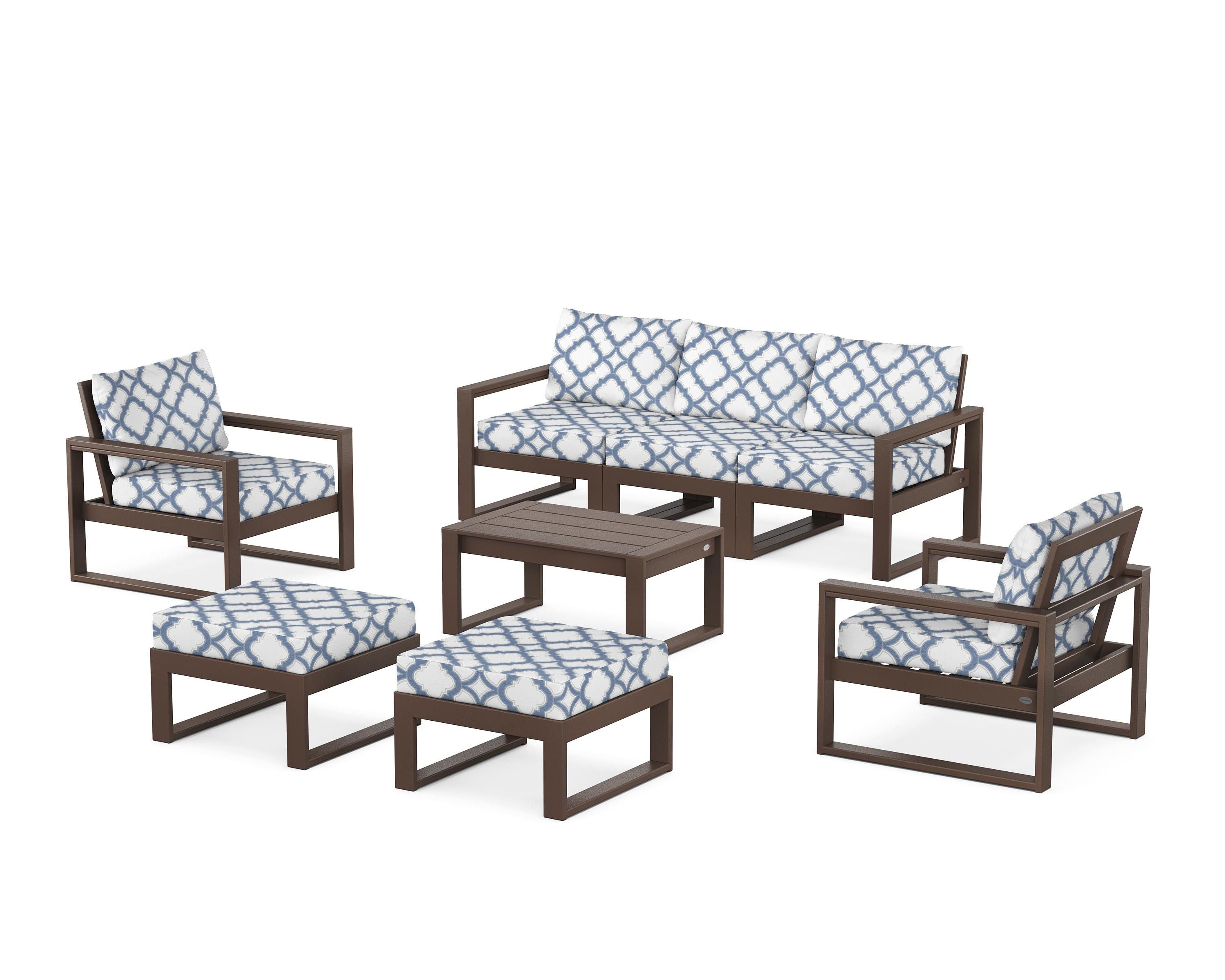 POLYWOOD® EDGE Sectional 8-Piece Lounge Sofa Set in Mahogany / Trellis Sky Blue